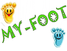 Bunte Fußabdrücke mit lachenden Gesichtern und dem Text "MY-FOOT" in grüner Schrift.
