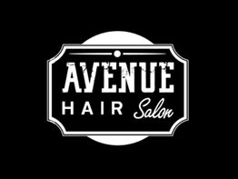 Logotipo en blanco y negro de "Avenue Hair Salon" sobre un fondo oscuro.