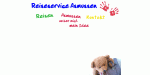 Webseite mit buntem Text: Reiseservice Atmaden, Reisen, Anfragen, Kontakt. Hund mit Brille im Bild.
