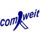Blaues Logo mit dem Schriftzug "comweit" in kursive Buchstaben und stilisiertem Band im "m".