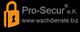 Orange Schloss-Logo mit Text "Pro-Secur e.K. www.wachdienste.biz" auf schwarzem Hintergrund.