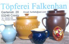 Keramikgefäße der Töpferei Falkenhan mit Kontaktinformationen.