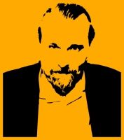 Grafik eines Mannes in Schwarz auf orangefarbenem Hintergrund, Bart und ernste Miene.