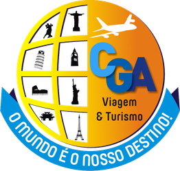 Logotipo com avião e monumentos, texto "CGA Viagem & Turismo, O mundo é o nosso destino!".