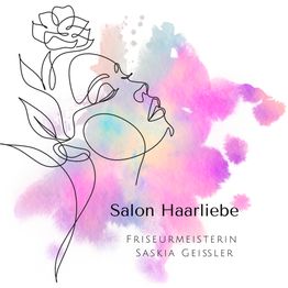 Ein Linienporträt mit Blumen auf Aquarellhintergrund. Text: "Salon Haarliebe, Friseurmeisterin Saskia Geissler".
