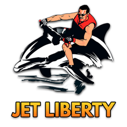 Homme sur un jet-ski noir et blanc, texte "JET LIBERTY" en dessous.