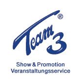 Logo von "Team 3" mit Schriftzug "Show & Promotion Veranstaltungsservice" in Blau.
