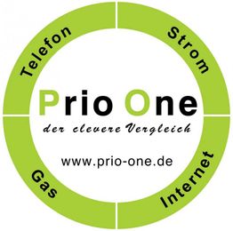 Grüner Kreis mit Prio One-Logo, Vergleich von Telefon, Strom, Gas und Internet.