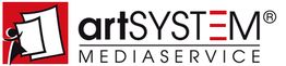 Logo von artSYSTEM MEDIASERVICE mit stilisiertem Bild eines Papierblatts in rot-weißem Quadrat.
