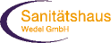 Logo von "Sanitätshaus Wedel GmbH" mit lila Halbkreis und orangefarbener Schrift.
