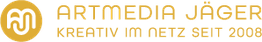 Gelbes Logo von Artmedia Jäger mit dem Text: "Kreativ im Netz seit 2008".