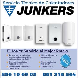 Anuncio de servicio técnico de calentadores JUNKERS con descripción de servicios y números de contacto.