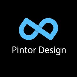 Unendlichkeitssymbol in Blau mit dem Text "Pintor Design" auf schwarzem Hintergrund.