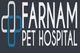 Farnam Pet Hospital logo with blue and grey cross design on dark background.