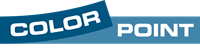 Logo med teksten "COLOR POINT" i blåt og hvidt på blå baggrund.