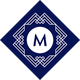 Intricate geometric design with a central "M" on a dark blue background.