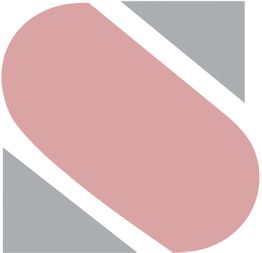 Abstraktes Muster mit rosa Oval und grauen Dreiecken auf weißem Hintergrund.