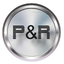 Silbernes, rundes Logo mit "P&R" in schwarz auf metallischem Hintergrund.
