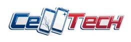 Logo with the text "CellTech" and cracked cell phone graphics.