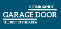 "Repair Sandy Garage Door - The Best in the Area" text on a blue background.