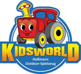 Fröhliche rote Lokomotive mit Schriftzug "Kidsworld" und "Hollmann Outdoor-Spielzeug".