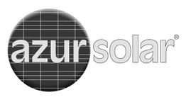 Schwarzes Logo von Azur Solar mit weißem Schriftzug auf einem Solarzellenhintergrund.