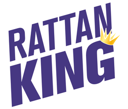 Rattan King-Logo in lila Schrift mit einer gelben Krone über dem Buchstaben "G".