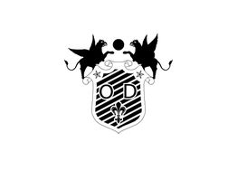 Wappen mit Greifen, Schild mit Streifen und Buchstaben "O" und "D", in Schwarz und Weiß.