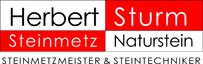 Logo mit dem Text: "Herbert Sturm, Steinmetz, Naturstein, Steinmetzmeister & Steintechniker".
