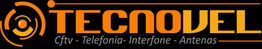 Logo da Tecnóvel com ícones de CFTV, telefonia, interfone e antenas em fundo preto.