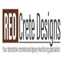 Logo of REO Crete Designs, specialists in decorative concrete and epoxy resurfacing.
