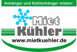 Kühlanhänger-Werbung mit Schneeflocken-Logo und Website: www.mietkuehler.de.