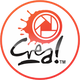Logo circular con cámara roja y texto "Crea!" en negro.