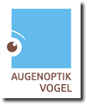 Logo mit blauem Quadrat, braunem Auge und Text "Augenoptik Vogel".