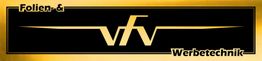 Logo mit goldenem VF-Symbol, schwarzem Hintergrund, Text: "Folien-& Werbetechnik".