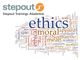 Wortwolke: "Ethik", "moralisch", "Normativ" und mehr. Logo: "stepout Trainings Akademie".