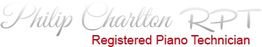Text logo: "Philip Charlton RPT, Registered Piano Technician" in cursive and bold fonts.