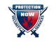 Wappen mit Schwertern und Flammen, Text: "Protection Now Security Services".