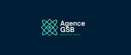 Logo de l'Agence GSB, marketing digital, sur fond bleu avec motif géométrique vert et bleu clair.