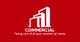 White geometric buildings logo on red background with text: "COMMERCIAL - Taking care of needs."