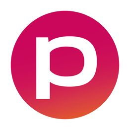Rosa-rotes rundes Logo mit einem weißen Buchstaben "p" in der Mitte.