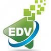 Grünes EDV-Logo mit blauen und grünen Quadraten, die nach oben rechts schweben.