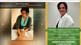 Imagem de uma terapeuta oferecendo massagem, com detalhes de preço e contato para agendamento.