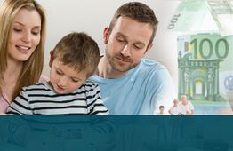 Family with child reading, against a backdrop of currency symbols and financial images.