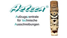 Logo mit aztekischer Figur und Schriftzug "Azteca" und Text in Schwarz und Grün.