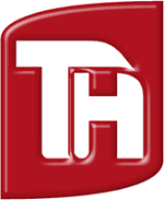 Rotes Logo mit weißen Buchstaben "TH" in markanter, blockartiger Schrift.