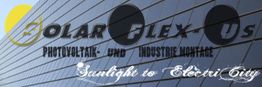 Logo mit Aufschrift "Solar Flex-Us: Photovoltaik- und Industriemontage", gelber Halbkreis oben links.