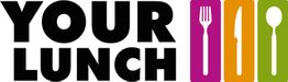 Text "YOUR LUNCH" mit Bestecksymbolen daneben: Gabel, Messer und Löffel in bunten Farben.