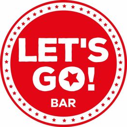 Logotipo circular vermelho com texto "LET'S GO! BAR" em branco.