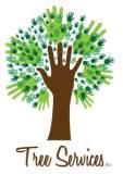 Logo di servizi arboristici: tronco a forma di mano e foglie a forma di mani verdi.